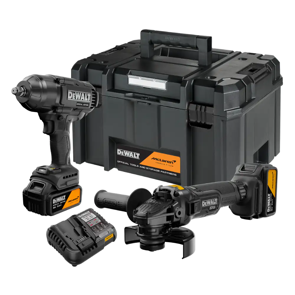 Kit Dewalt x McLaren XR 18V: Amoladora angular + llave de impacto, 2 baterías de 5 Ah DCK2225MP